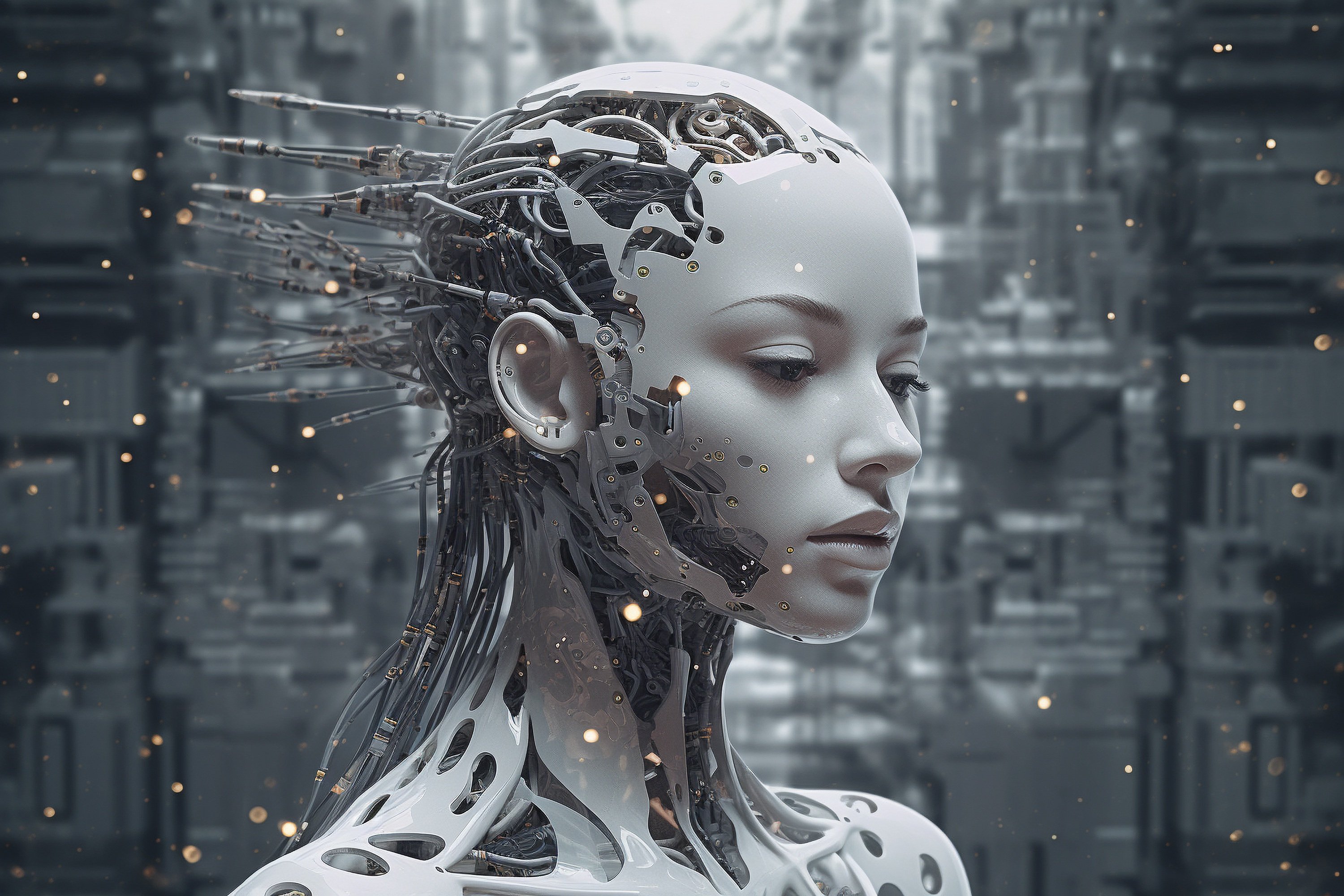 Should up shot of human looking robot appearing to be deep in thought.  The 'hair' of the robot appear to be antenna directed outward from the back of the head.