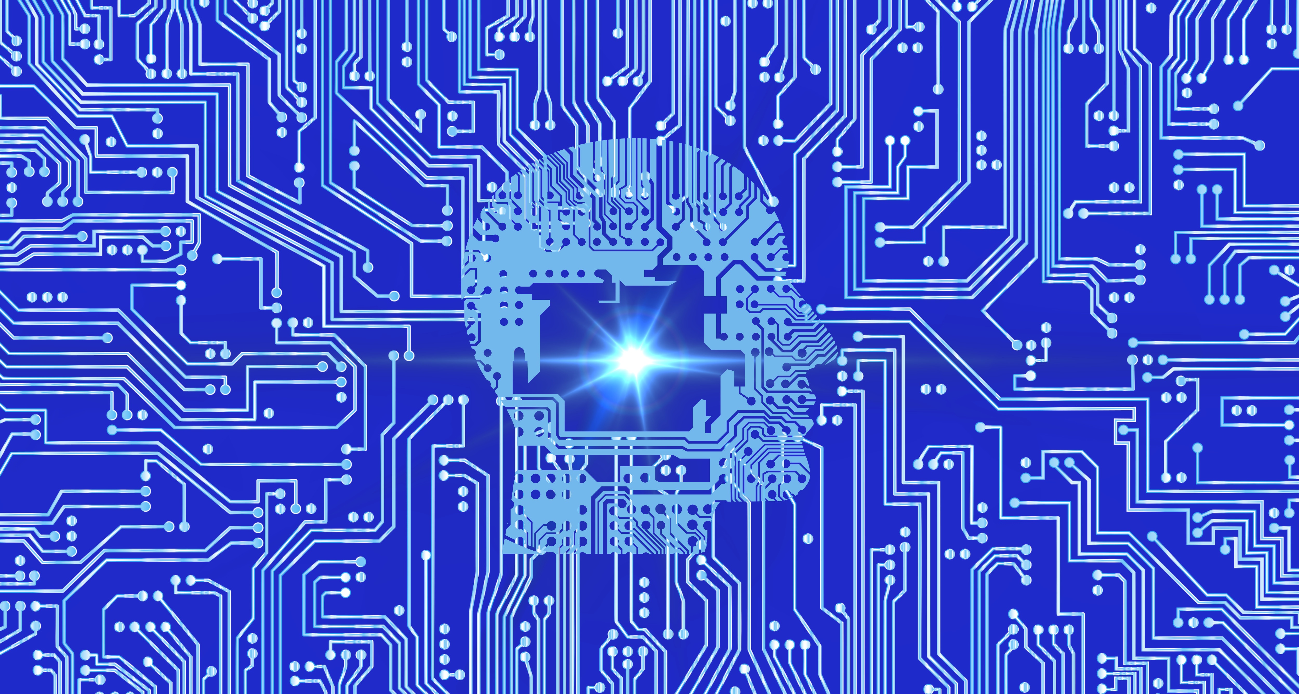 Stylized image of what appears to be a futuristic circuit board with the components meeting in the middle to form a human head.